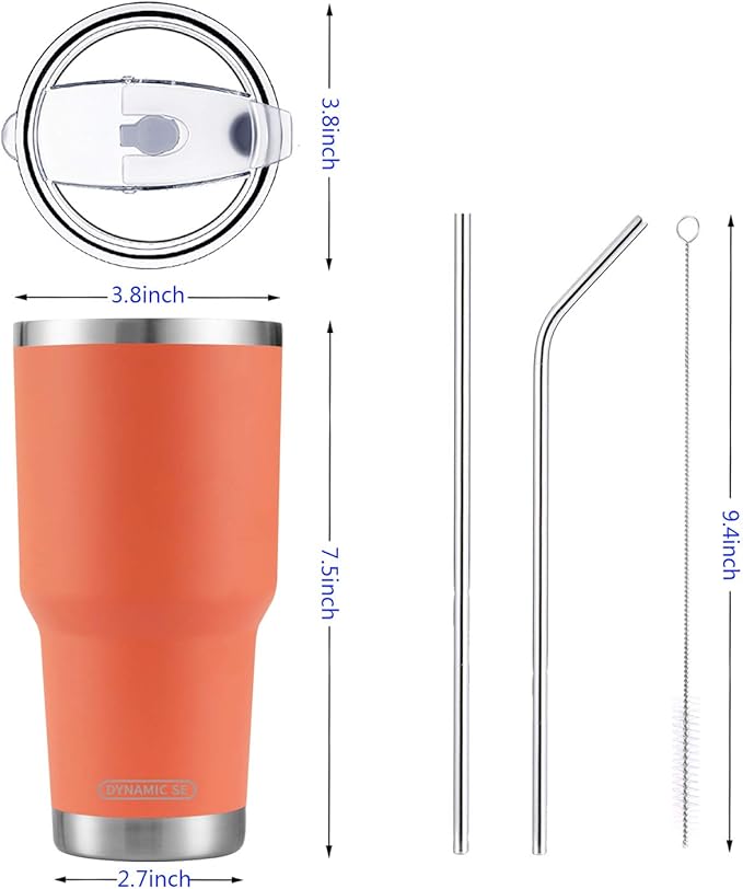 D·S 30oz Orange Tumbler Stainless Steel Insulated Travel Mug with Straw Lid Cleaning Brush (30oz Orange)