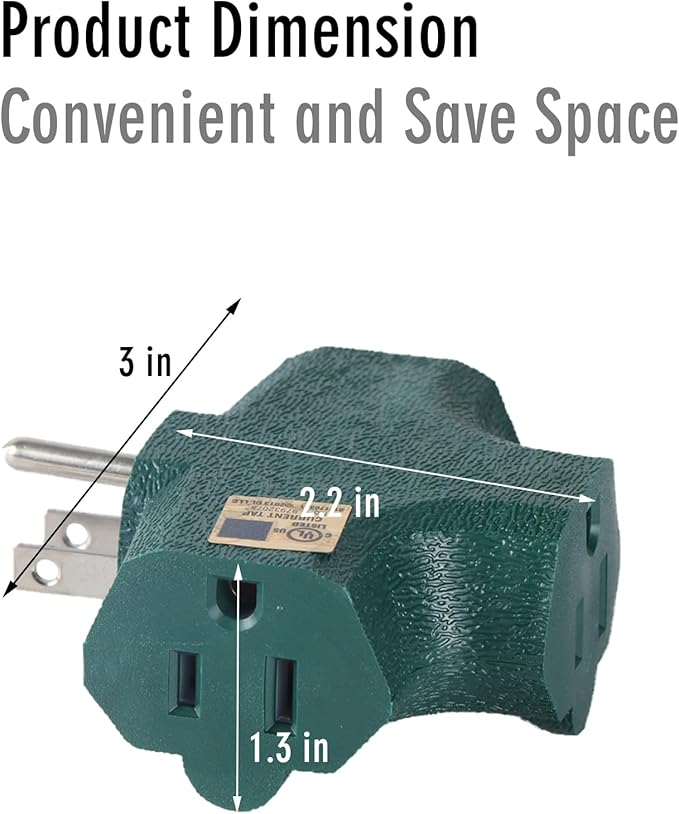 3 Way Plug Adapter - UL Listed - Outdoor Outlet Splitter 3 Prong - Electrical Outlet Extender, Wall Outlet Expander, Outdoor Heavy Duty Triple Plug Outlet Adapter