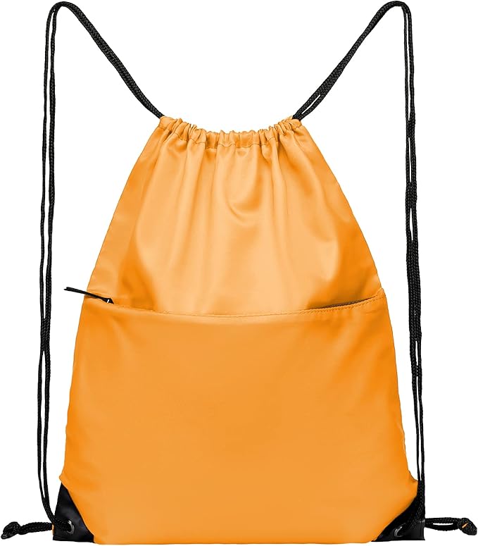 Drawstring Backpack Sports Water Resistant String Bag Sport Gym Sackpack for Women Men Large with Zipper, Orange