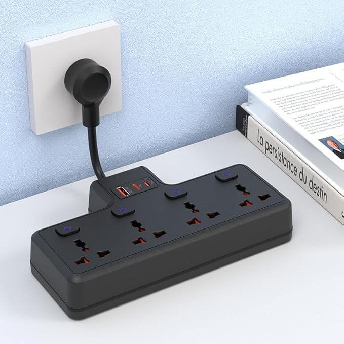 Wall Mount Power Strip with 4 AC Outlets & USB-C (20W) and USB Ports, Plug Extender with Individual Switches, Space Saving Multi Plug Outlet for Home, Office, Dorm & Travel, Black