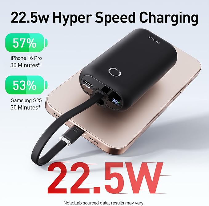 iWALK 4500mAh Portable Charger & 10000mAh Power Bank with Built-in Plug & Cable, Compatible with iPhone 15/16/16 Plus/16 Pro/16 Pro Max, Samsung Galaxy S25/S24/S23 Android