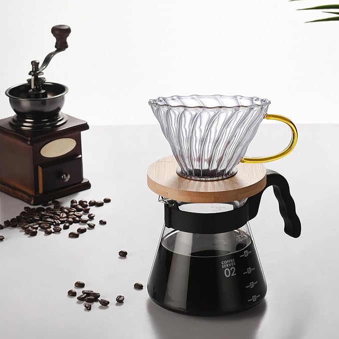 Gute Glass Coffee Dripper/Filter - Cone Glass Pour Over Coffee Dripper with Bamboo Stand & Handle, 1-4 Cups Drip Coffee Maker Funnel Accessories for Home, Office