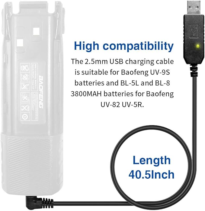 BaoFeng 2.5mm USB Charger Cable with Indicator Light UV-5R AR-152 UV-82 3800mAh Battery UV-S9/9S Two Way Radio (1)