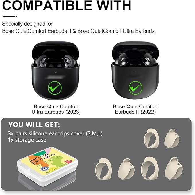 [3 Pairs] Ear Tips Cover for Bose QuietComfort Earbuds II (2022) &Bose QuietComfort Ultra Earbuds (2023), Silicone Sport Ear Hook Cover, Anti-Slip Replacement Eartip Accessories (S,M,L) (White)