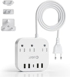 European Plug Adapter, Unidapt US to UK Europe Power Strip for EU/UK/US with USB C and 4 USB Ports, 3 AC Outlets, Wall Mountable, 5ft Extension Cord, for Travel Cruise Ship Home