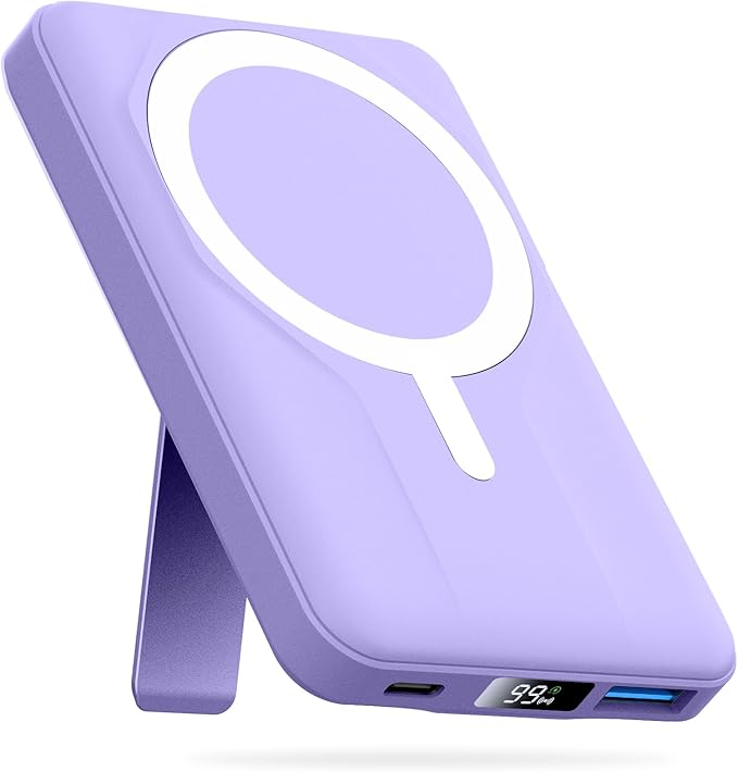 Azmuth Magnetic Power Bank,10000mAh for MagSafe Battery Pack, 22.5W PD Fast Charging,LED Display & Foldable Stand Wireless Portable Charger for iPhone 17/16/15/14/13/12/Pro/Pro Max/Plus,Purple