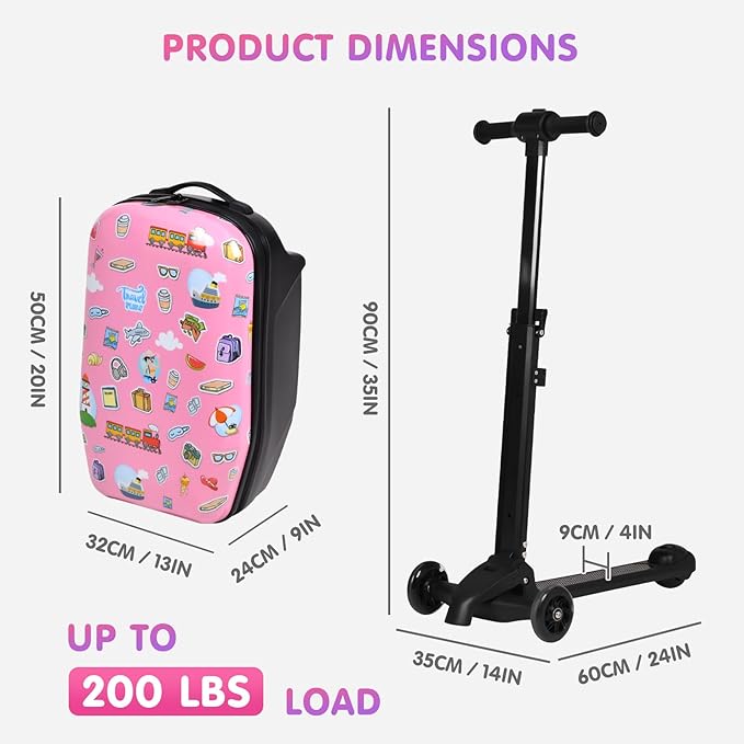 smilesun 4-in-1 Detachable Scooter Luggage for Kids & Teens, Foldable Hardside Ride On Suitcase with LED Wheels, Stylish and Safe Design(Pink)