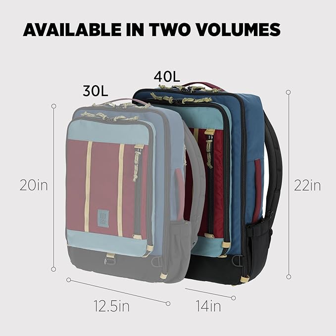 Topo Designs Global Travel Bag – 30L or 40L - Carry-On Compliant Most Airlines, Durable Travel Duffel Bag, Clam Shell Main Pocket, Laptop Sleeve, Backpack, Luggage (40L / Dark Denim/Burgundy)