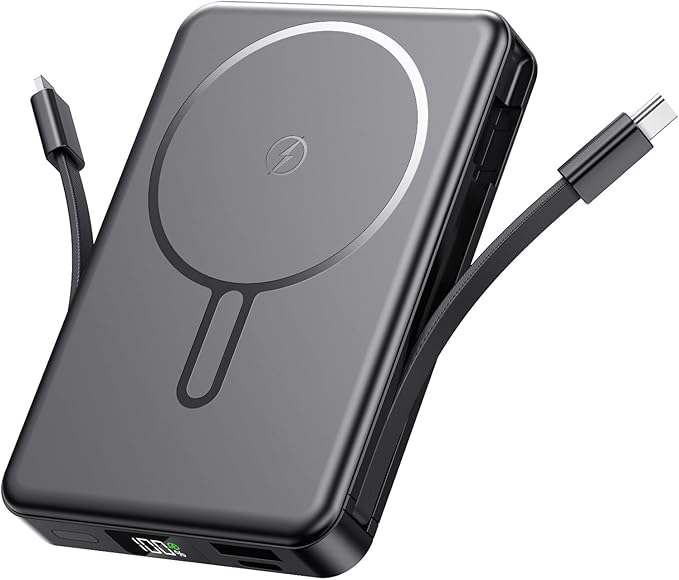 Magnetic Portable Charger, Power Bank Fast Charging 22.5W 10000mAh, Portable Charger with Built in Cable, for Magsafe Battery Pack Compatible with iPhone 17/16/15/14/13/12 Pro/Pro Max, Samsung Black