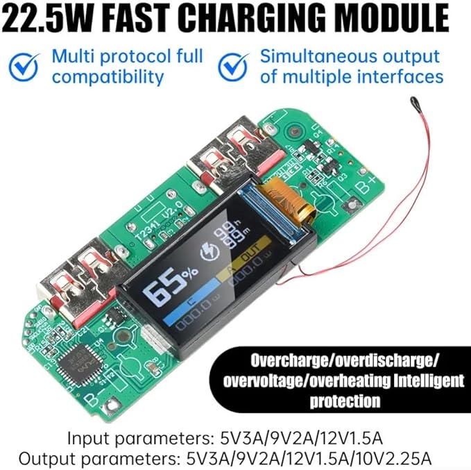 USB 22.5W Fast Charging Step-Down Converter Power Bank Module with PD QC FCP VOOC Protocols Type-C and Dual USB Ports TFT Display Multiple Safety Protection