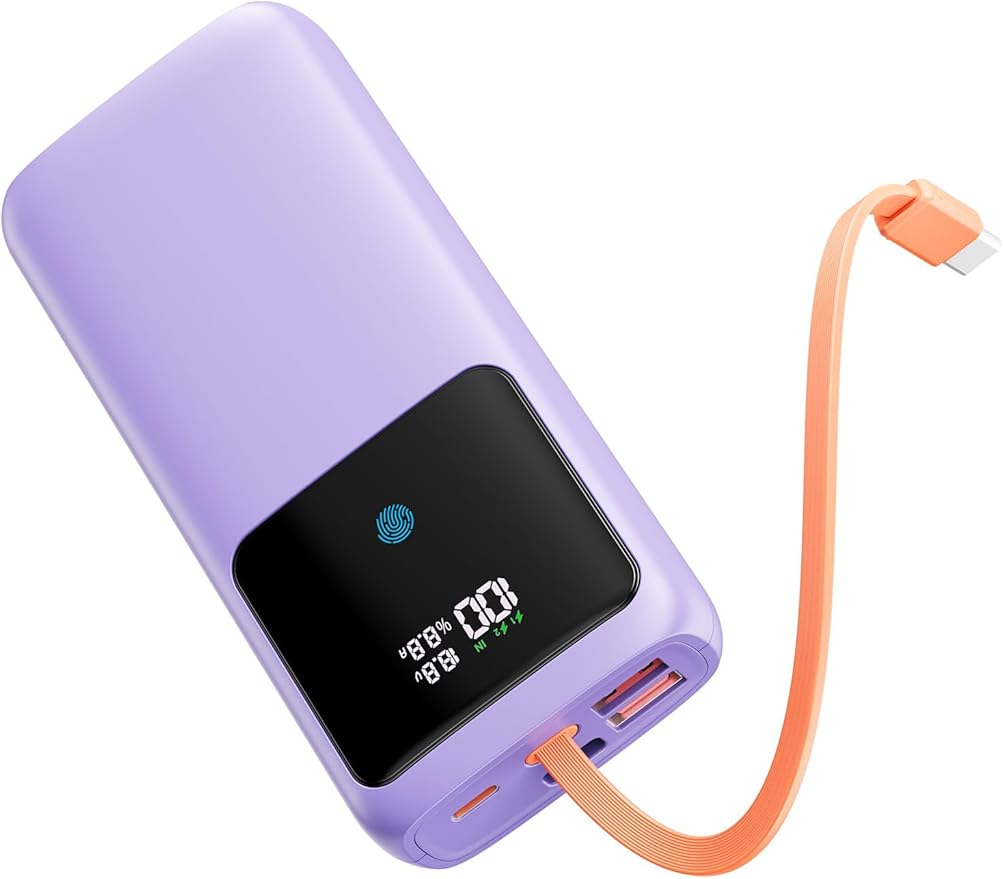 Laptop Power Bank, 24000mAh 65W Fast Charging Portable Charger with Built-in Cable, USB C Battery Pack with LED Display, Travel Essential External Battery Bank for Macbook/Notebook/Tablet/Phone Purple
