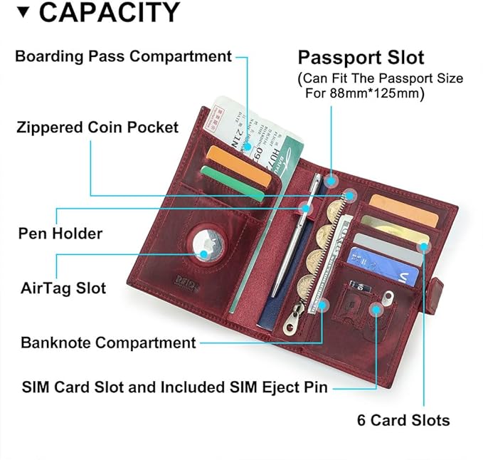 CONTACTS Full Grain Leather Passport Holder Compatible with Airtag Passport Wallet RFID Blocking Travel Passport Cover with SIM Card Removal Tool (Red)