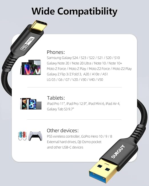 SUNGUY 10Gbps USB C 3.1 Gen 2 Cable, 4FT USB A to USB C 3A Fast Charging & Data Transfer Android Auto Cable Compatible with iPhone 17/16/15 Pro Max, Galaxy S23 S22 Ultra Note 20, SSD (Black)