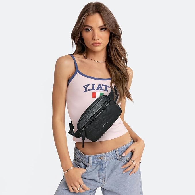 LATMAP 2L Fanny Packs Everywhere Belt Bag Small Fashion Crossbody Waist Pack Faux Leather Waterproof Sling Chest Bag For Women Trendy Black