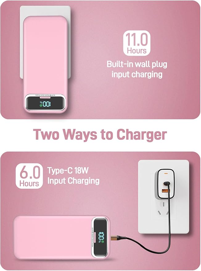 Portable Charger, 20000mAh 22.5W Fast Charging Power Bank with Built-in Cables & Wall Plug, Travel Essential External Battery Pack with LED Display, USB C Battery Phone Charger for iPhone Samsung Pink