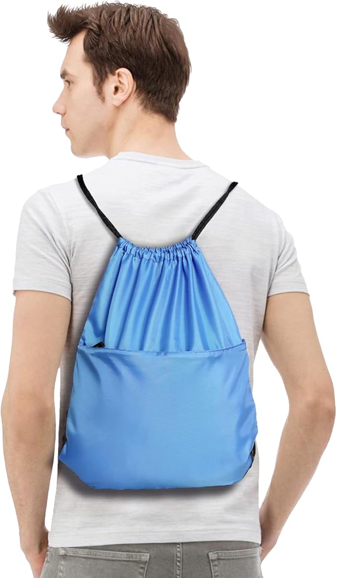 Drawstring Backpack Sports Water Resistant String Bag Sport Gym Sackpack for Women Men Large with Zipper, Baby Blue