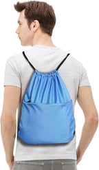 Drawstring Backpack Sports Water Resistant String Bag Sport Gym Sackpack for Women Men Large with Zipper, Baby Blue