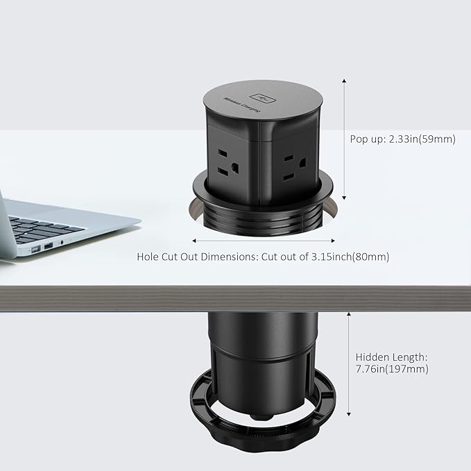 Jgstkcity Pop Up Outlet with 15W Wireless Charger,4 Outlets 15A, Splash Resistant,3 inch Desk Hole Power Grommet,Space Saver Outlet for Kitchen Countertop,Office Conference Table,ETL Listed (Black)