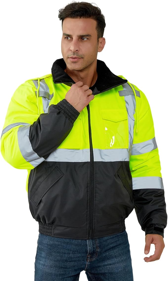 HYCOPROT Hi-Vis Safety Jacket for Men High Visibility Reflective Bomber Winter Waterproof Work Construction Coat ANSI Class 3