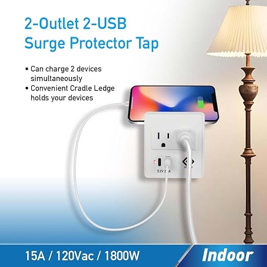 OSKOS Outlet Extender, Wall Surge Protector, 2 Outlets with 2.4A Two USB Ports (1A1C), Wall Mount Adapter with Top Phone Holder, 280 Joules, UL Listed