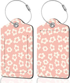 2Pack Luggage Tags for Suitcases, Cute Unique Pu Leather Cruise Luggage Tag with Privacy Cover ID Label Address Card and Metal Ring Suitable for Women Men Kids Travel Bag Pink and beige flowers