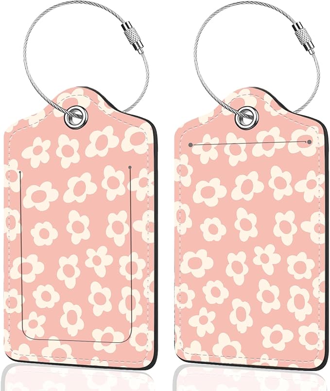 2Pack Luggage Tags for Suitcases, Cute Unique Pu Leather Cruise Luggage Tag with Privacy Cover ID Label Address Card and Metal Ring Suitable for Women Men Kids Travel Bag Pink and beige flowers