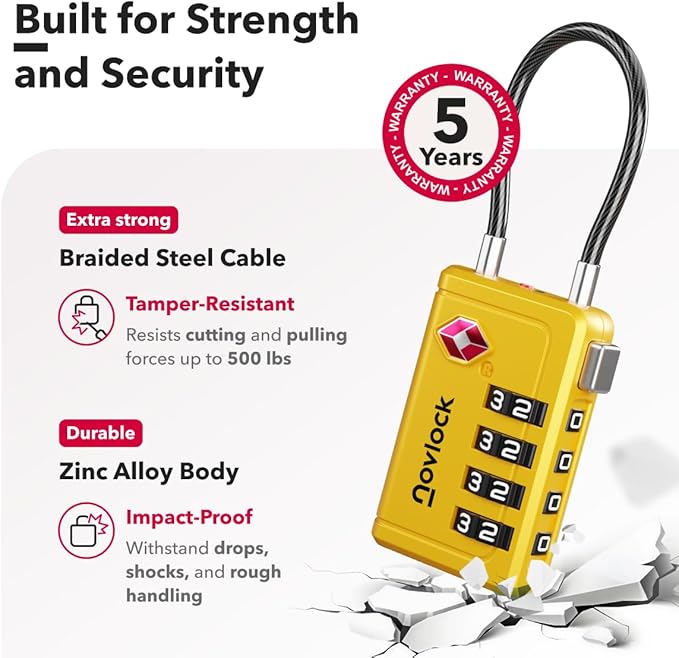 Luggage Locks TSA Approved with Inspection Indicator and Resettable 4-Digit, Easy-to-Read Combination, TSA Locks for Luggage, Suitcases, Backpacks & Travel Bags, Yellow, 2-Pack