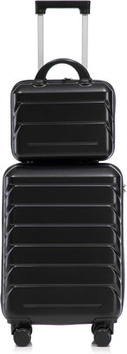 20 Inch Carry on Luggage with 14 Inch Cosmetic Case, 2 Pcs Hardshell Lightweight Durable Spinner Suitcase Set for Travel, Women, Men, TSA Lock, ABS, 20+14 Inch, Black