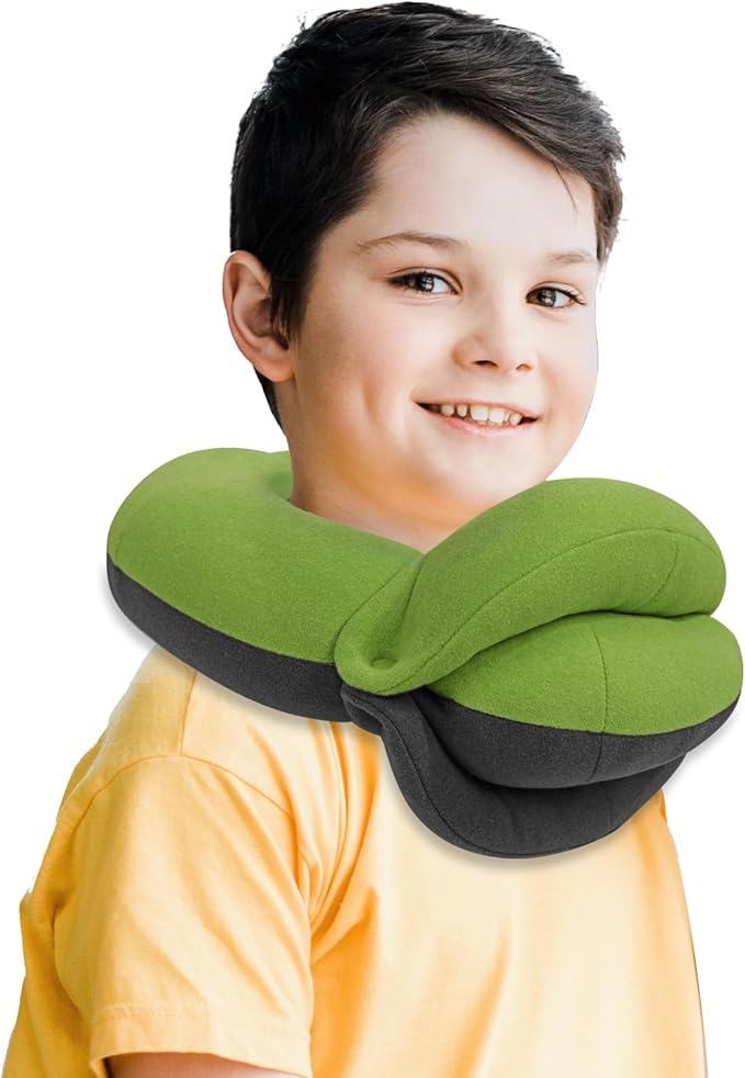 BUYUE Kids Travel Pillows for Airplane, Memory Foam 360° Head Support Sleeping Essentials for Long Flight, Skin-Friendly Soft Neck Pillow for Traveling in Car Seat, (Small, Green Grey, 40-90 lbs)