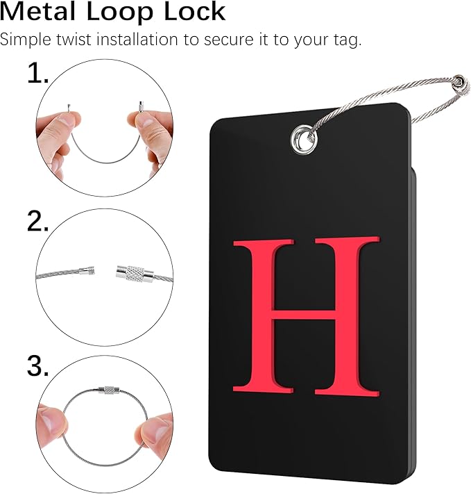 Gostwo 2 Pack Luggage Tags for Suitcases, 26 Initial Letter Travel Luggage Baggage Identification Labels ID Tag Fully Bendable Tags with Stainless Steel Loop (Black) (Letter H)