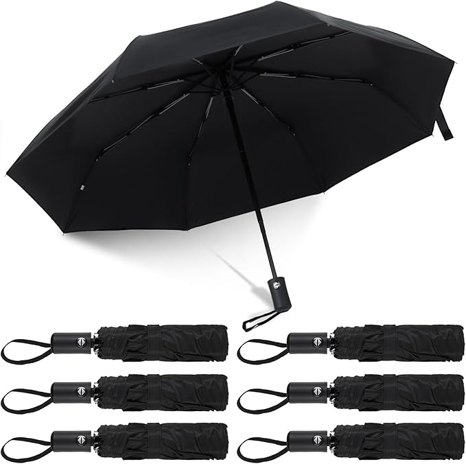 6 Pack Travel Bulk Umbrellas, Automatic Open Close Windproof Rain Umbrellas, Dual-use Black Folding Umbrella Compact Umbrella for Family Men Women