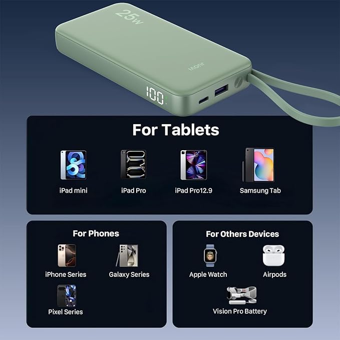 JUOVI 25W Portable Charger, 10000mah Power Bank Fast Charging with Built-in USB-C Cable, Battery Pack with LED Display, Portable Phone Charger for iPhone 17 16 15 14 Samsung S24 S23 iPad Tablets