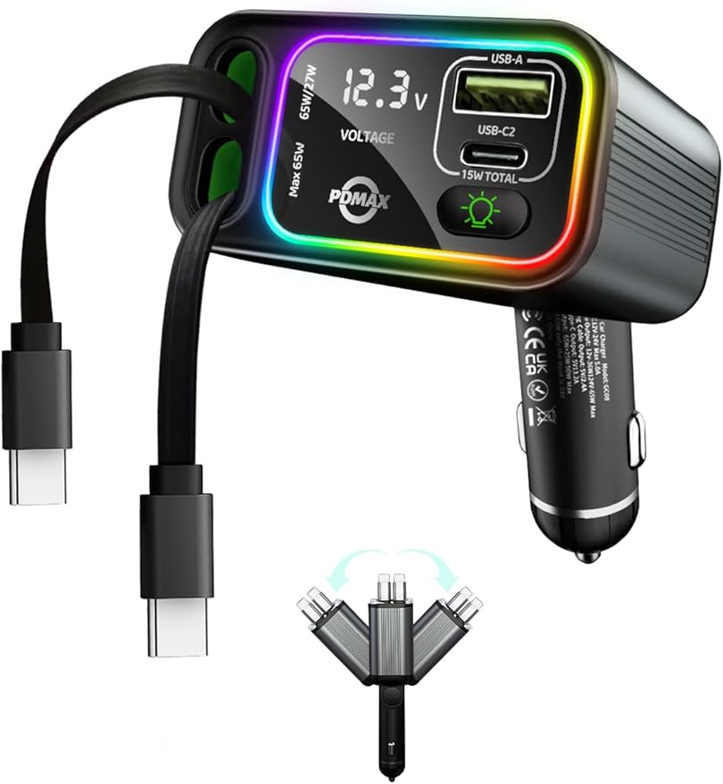 Retractable Car Charger USB C,145W Type C Car Charger Fast Charging with Dual Retractable USB C Cable and USB Ports for iPhone 17/16/15,S25/24/23/22, Pixel 9/8/7（Build-in Dual Type C Cable）