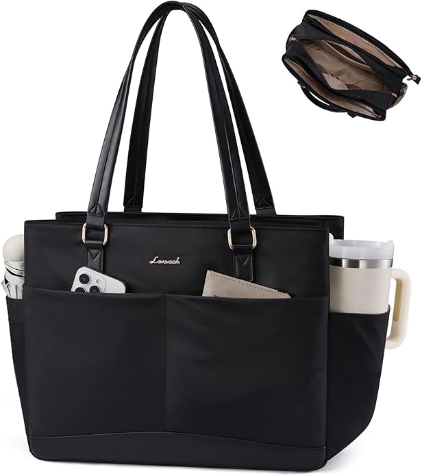 LOVEVOOK Laptop Tote Bag for Women with 3 Separate Pocket Work Bag with Large Cup Holder Computer Briefcase for Teacher Nurse