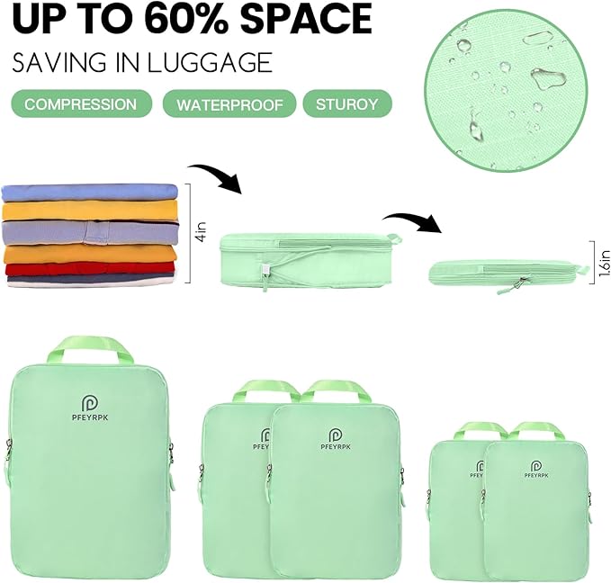 PFEYRPK Lightweight Compression Packing Cubes for Suitcases, Compressible Expandable Travel Packing Organizer with Clear Toiletries and Backpack Bag, Travel Essentials for Carry on Luggage 7 Set