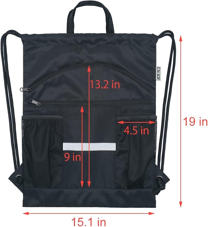Drawstring Backpack Sports Gym Bag with Shoe Compartment, X-Large String Bag for Women Men with Zipper Pockets and Mesh Pockets (Black)