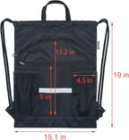 Drawstring Backpack Sports Gym Bag with Shoe Compartment, X-Large String Bag for Women Men with Zipper Pockets and Mesh Pockets (Black)