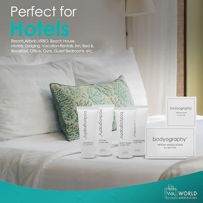 World Amenities - Bodyography Blanc Mini Travel Size Toiletries Bathroom Kit | Vanilla White Tea| Shampoo, Conditioner, Body Wash, Lotion, Artisan Soap and Massage Bar