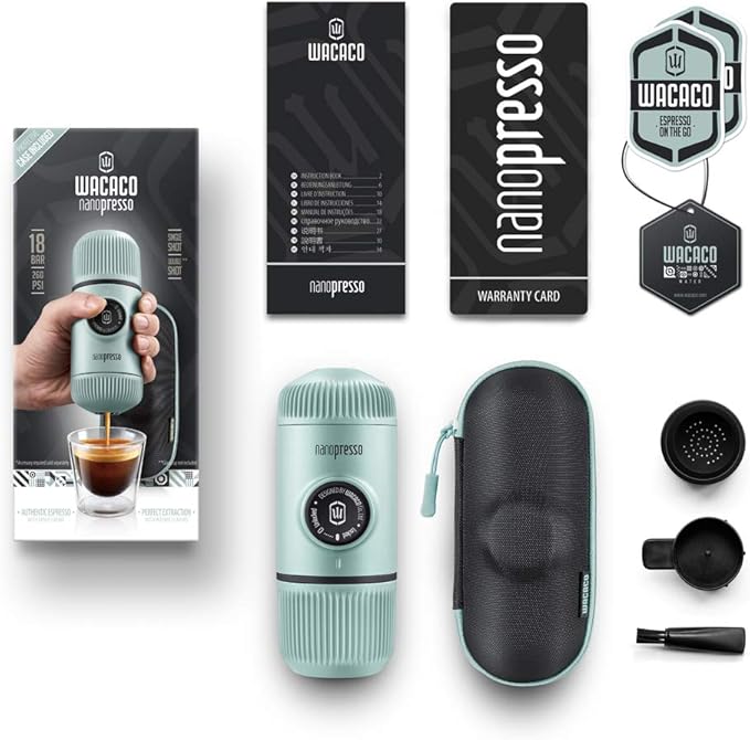 WACACO Nanopresso Portable Espresso Maker Bundled with Protective Case, Upgrade Version of Minipresso, Mini Travel Coffee Machine, Perfect for Camping, Travel and Office (New Elements Arctic Blue)