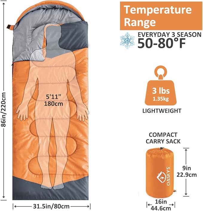 oaskys Camping Sleeping Bag - 3 Season Warm & Cool Weather - Summer Spring Fall Lightweight Waterproof for Adults Kids - Camping Gear Equipment, Traveling, and Outdoors