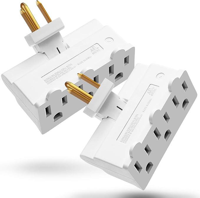 Fosmon 3 Outlet Adapter, Swivel Outlet Plug Three Way Rotating 180 Degree Right Angle Adapter Plug, Electric Wall Extender Indoor, 3-Prong, Grounded- 2 Pack