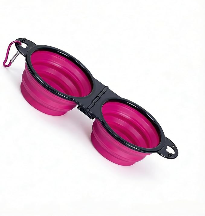 Collapsible Dog Bowls with Carabiner, Double Portable Travel Pet Bowls for Food and Water, Foldable Silicone Dog Bowl for Walking, Hiking, Camping, Small Medium Dogs and Cats，Pink