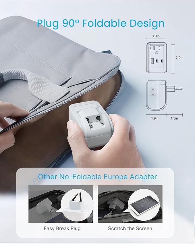 1 Pack European Travel Plug Adapter, VINTAR PD 35W Foldable Type C Adapter with 4 AC Outlets 3 USB Ports(2 USB C), Travel Essentials Charger for US to Most of Europe EU Italy Spain France