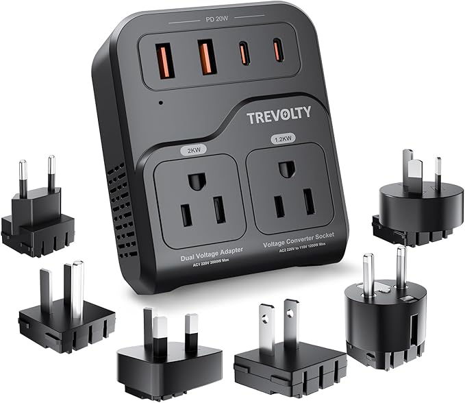 2000W Voltage Converter US to Europe, 220V to 110V Converter for Hair Dryer, 7-in-1 European Travel Plug Adapter with 3AC/2USB-A/2USB-C (PD20W), Travel Essentials with Type ABCE/FGI (Black)