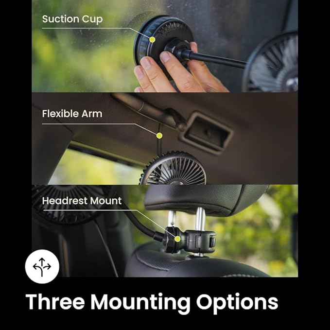 Luno Car Camping Fan - Suction Cup Fan for Car | USB-C Powered with 3 Speeds, Flexible Arm, 5 Blades, 360° Airflow & Headrest Mount - Compact Cooling Solution for Camping & Road Trips