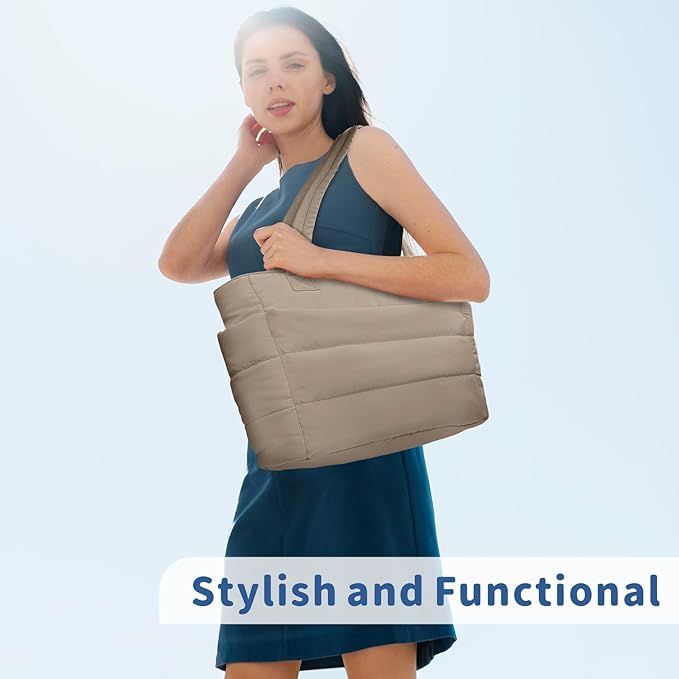 TOPDesign Puffer Tote Bag for Women, Lightweight Puffy Handbag with Compartments, Quilted Shoulder Bag for Work, Travel, Gym
