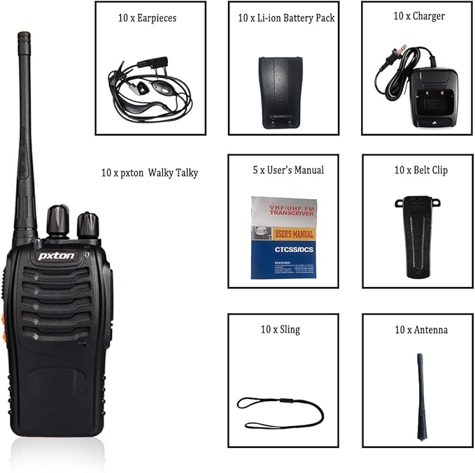 pxton Walkie Talkies for Adults Two Way Radios Long Range with Headphones,16 Channel Handheld 2 Way Radio Rechargeable with Flashlight Li-ion Battery and Charger（10 Pack）