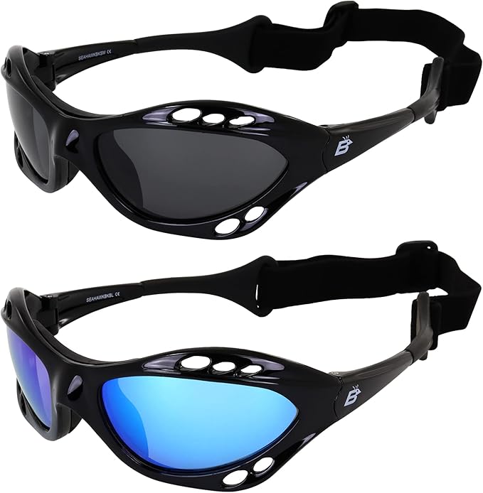 Birdz Eyewear Seahawk Polarized Sunglasses UV Protection Lenses for Sport Surfing Jet Skiing Water Kiteboarding Fishing 2 Pairs Black Frames Smoke Blue Lenses