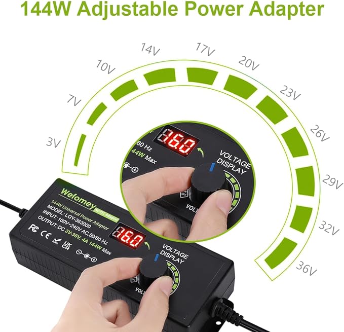Universal Power Supply 3V~36V 4A 144W Adjustable Variable 3V 5V 6V 9V 12V 15V 18V 20V 24V 30V 36V Switching AC/DC Adapter Charger, 100V-240V AC to DC Converter with 14 Tips, Polarity Converter