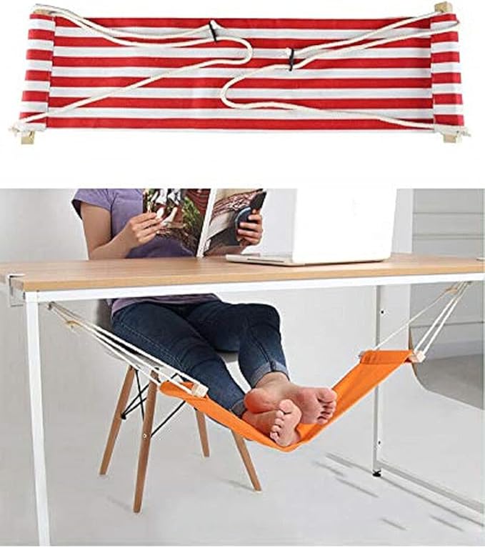 Home-organizer Tech Portable Adjustable Foot Hammock for Corner Desk Office Foot Rest Mini Under Desk Foot Rest Hammock for Home, Office, Airplane, Travel, Study and Relaxing (Red White Strip)